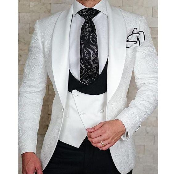 Men's White Shawl Lapel Jacquard Wedding Tuxedo