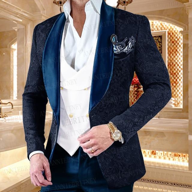 Men's White Shawl Lapel Jacquard Wedding Tuxedo