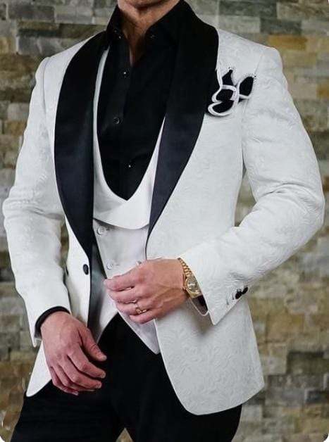 Men's White Shawl Lapel Jacquard Wedding Tuxedo