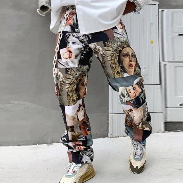 Men's Printed Straight Loose Mid-Waist Casual Trousers