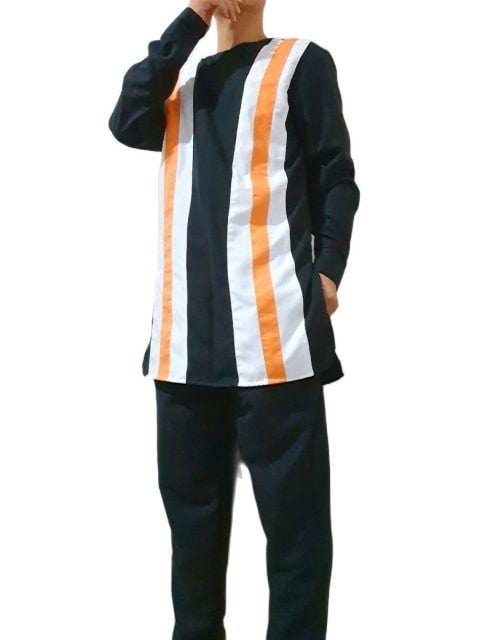 Men's Orange White Patchwork Shirt and Black Pants Set