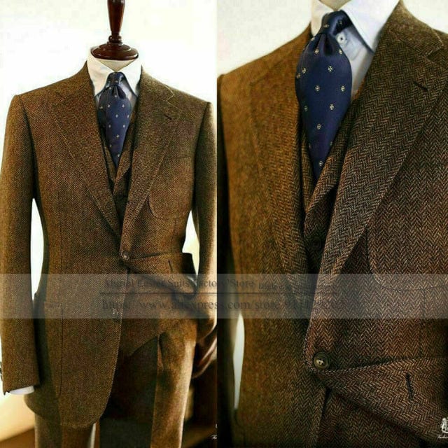 Men's Brown Herringbone Tweed 3-Piece Tuxedo, Notch Lapel Wedding Suit