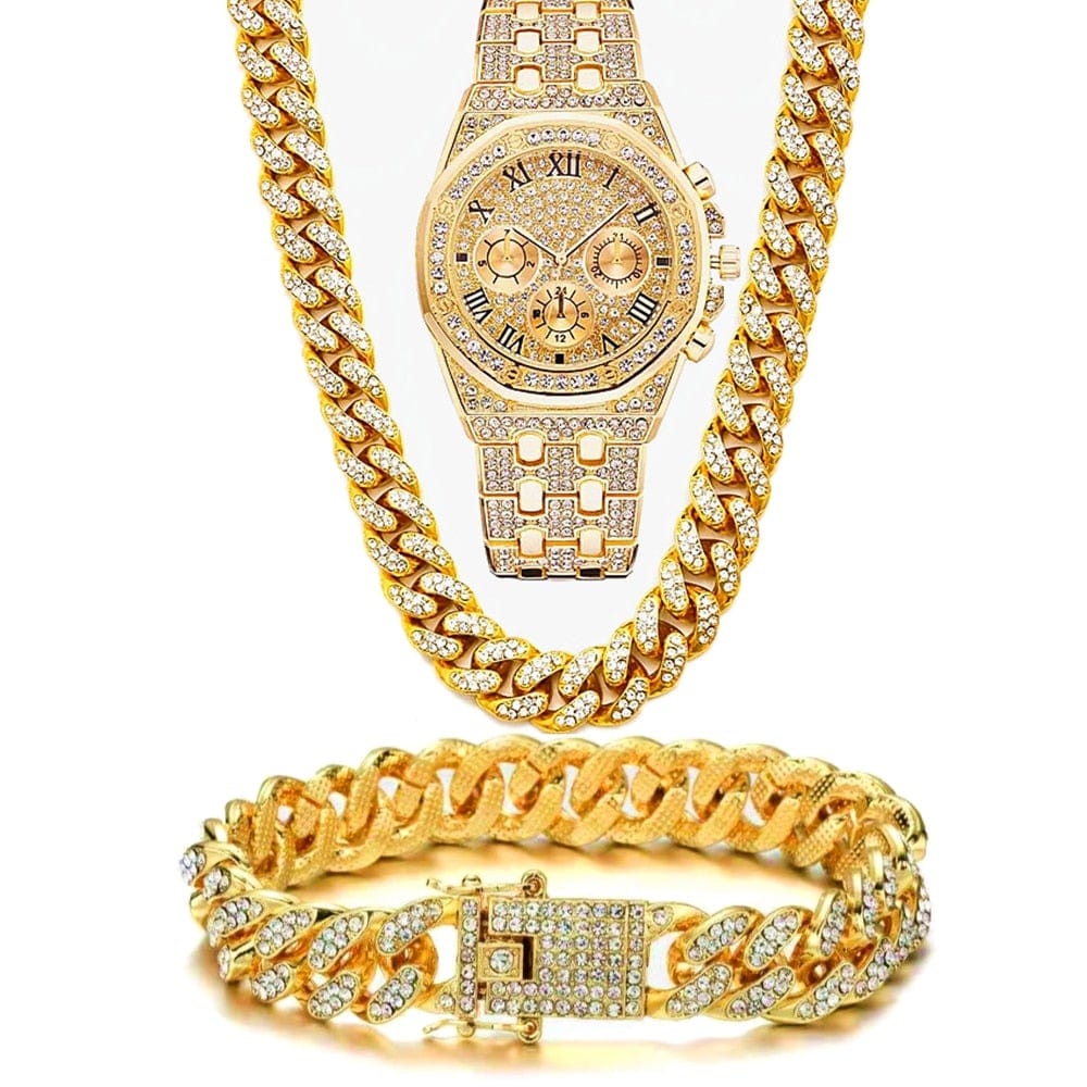 Unisex Iced-Out Cuban CZ Chain Watch Necklace Jewelry Set