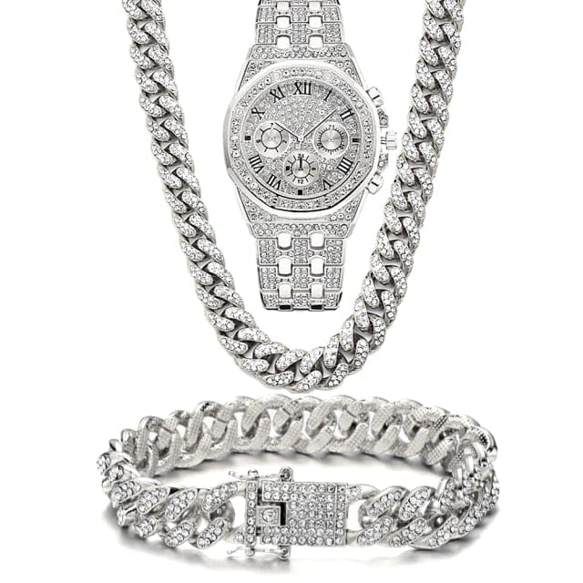 Unisex Iced-Out Cuban CZ Chain Watch Necklace Jewelry Set