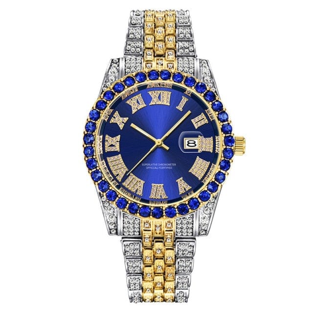 Unisex Hip Hop Iced Out Date Quartz CZ Wrist Watch