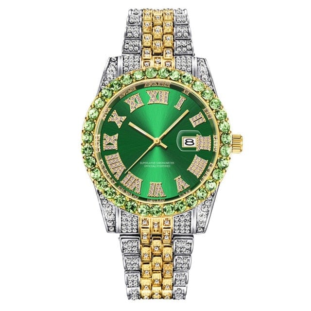 Unisex Hip Hop Iced Out Date Quartz CZ Wrist Watch