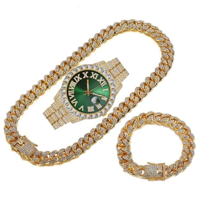 Men's Gold Iced-Out Cuban Chain Watch Bracelet Necklace Set