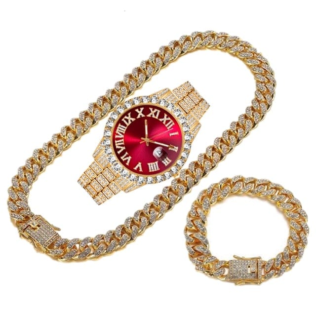 Men's Gold Iced-Out Cuban Chain Watch Bracelet Necklace Set