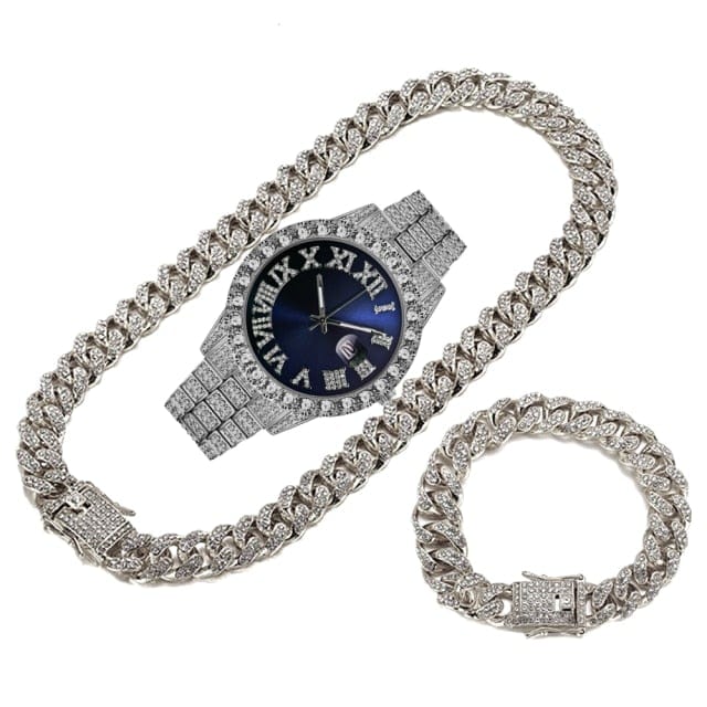 Men's Gold Iced-Out Cuban Chain Watch Bracelet Necklace Set