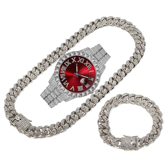 Men's Gold Iced-Out Cuban Chain Watch Bracelet Necklace Set