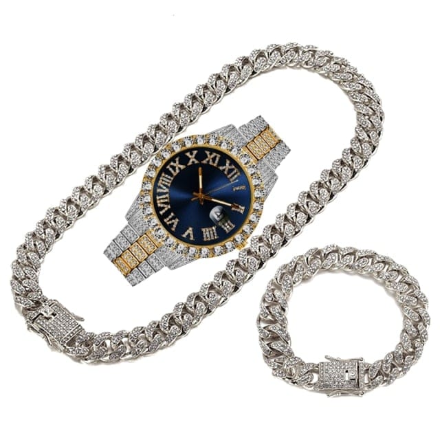 Men's Gold Iced-Out Cuban Chain Watch Bracelet Necklace Set