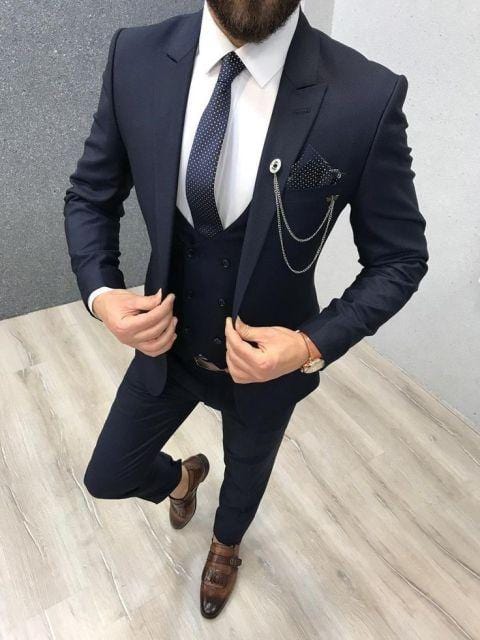 2020 Three Piece Royal Blue Men Suits Peaked Lapel Custom Made Wedding Tuxedos Slim Fit Male Suits (Jacket + Pants + Vest+Tie)