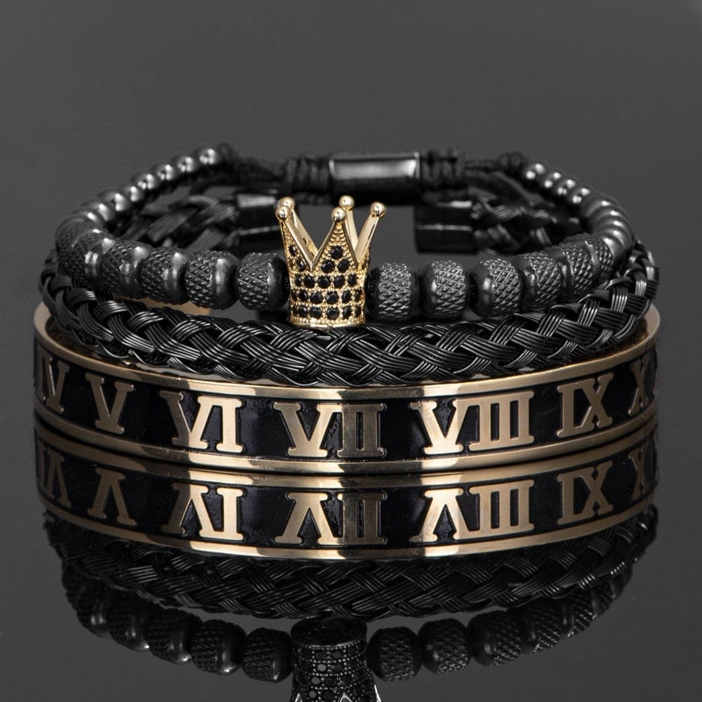 Men's crown enamel roman numeral stainless steel CZ open bangle set black gold