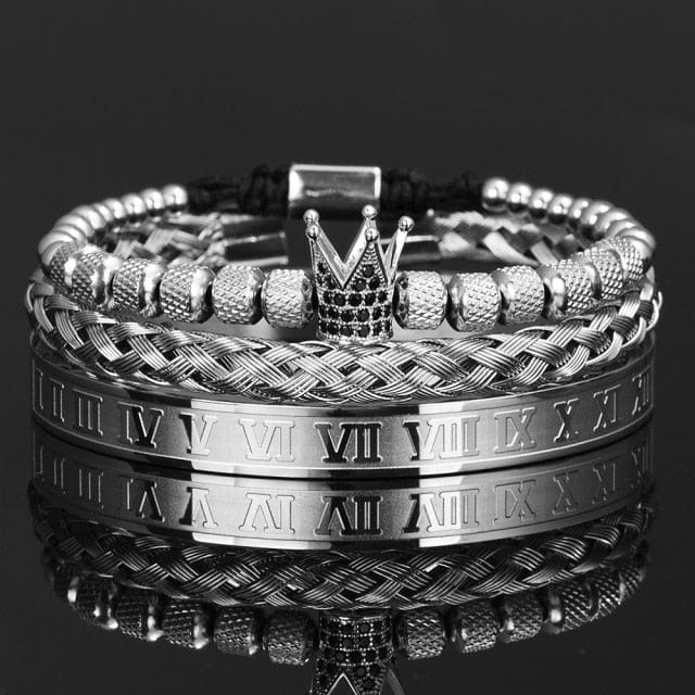 Men's crown roman numeral bangle silver set colorway