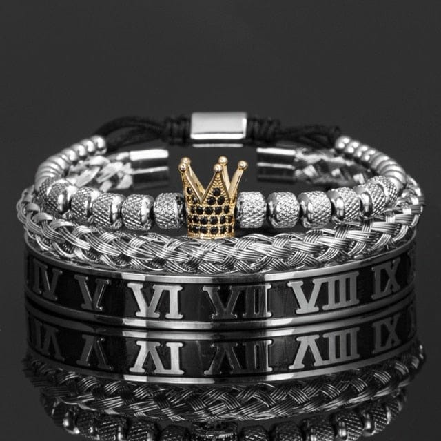 Men's Crown Enamel Roman Numeral Stainless Steel CZ Open Bangle