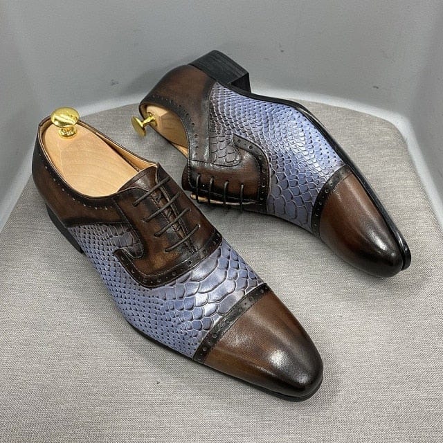 Men's Cow Leather Snake Print Pointed Oxford Dress Shoes