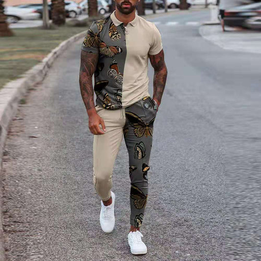 Men's Zip Polo Shirt and Print Jogger Tracksuit Set