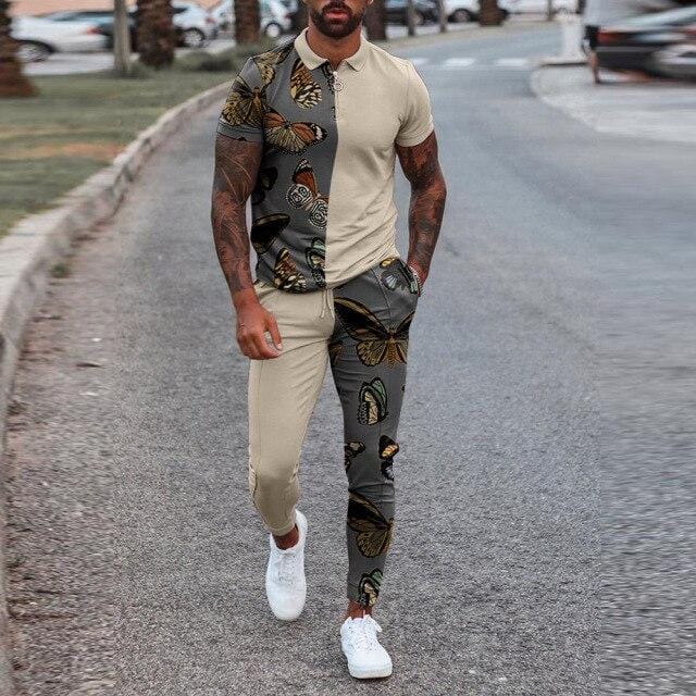 Men's Zip Polo Shirt and Print Jogger Tracksuit Set