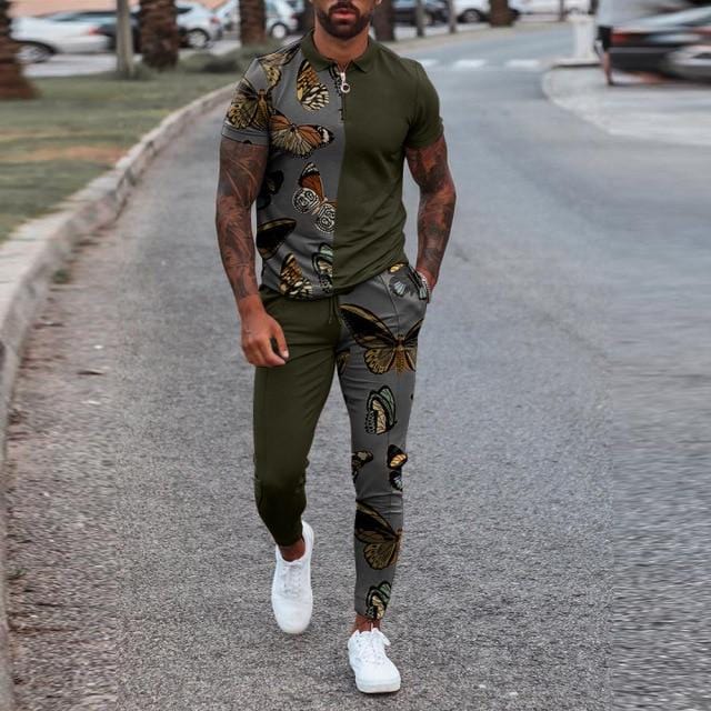 Men's Zip Polo Shirt and Print Jogger Tracksuit Set