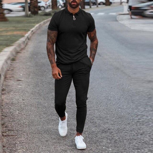 Men's Zip Polo Shirt and Print Jogger Tracksuit Set