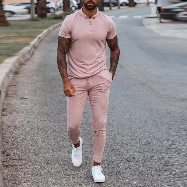 Men's Zip Polo Shirt and Print Jogger Tracksuit Set