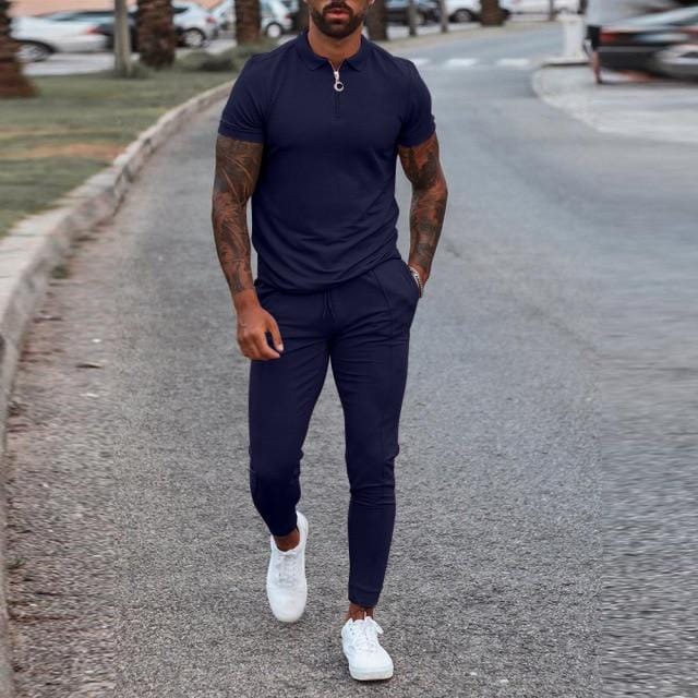 Men's Zip Polo Shirt and Print Jogger Tracksuit Set