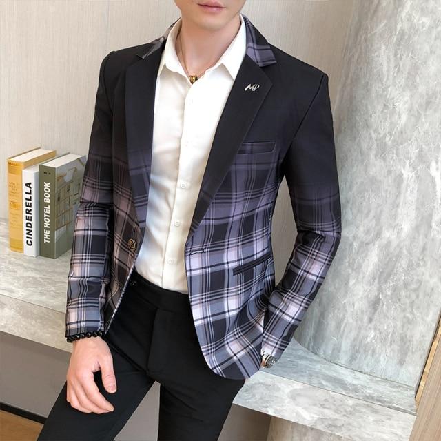 Men Blazer 2021 Spring New Colorblock Plaid Blazer Men Slim Casual Man Blazers Wedding Business Party Clothing Dress Men Coats