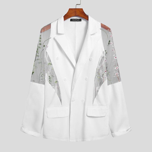Men's Mesh Patchwork See-Through Double-Breasted Lapel Blazer