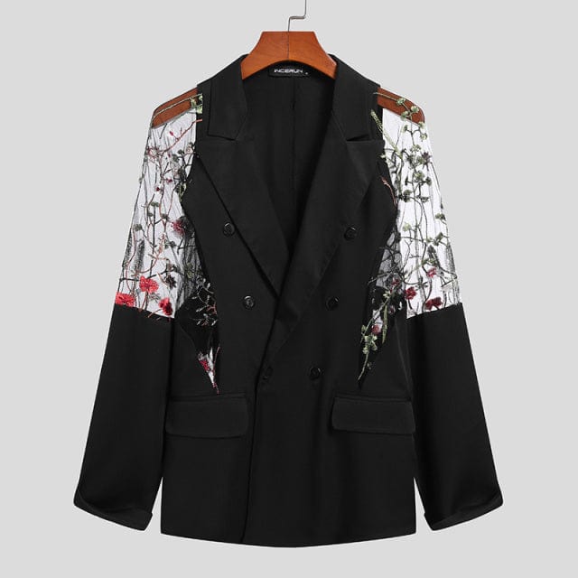 Men's Mesh Patchwork See-Through Double-Breasted Lapel Blazer