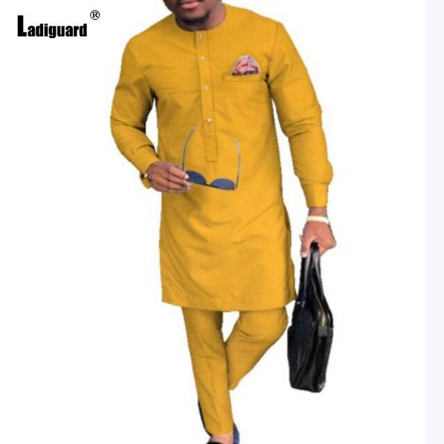Ladiguard Plus Size 5xl Men Set Muslim Style 2021 Long Blouse and Straight Pants Mens Fashion Two Piece Outfits ropa hombre