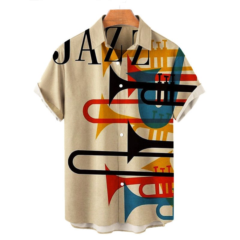 Men's Music Horn Print Short Sleeve Casual Shirt, Plus Size