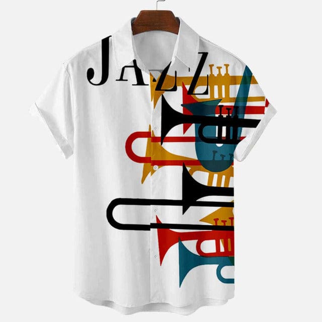 Men's Music Horn Print Short Sleeve Casual Shirt, Plus Size