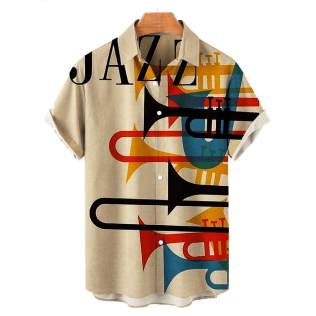Men's Music Horn Print Short Sleeve Casual Shirt, Plus Size