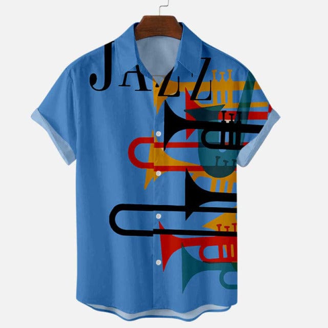 Men's Music Horn Print Short Sleeve Casual Shirt, Plus Size