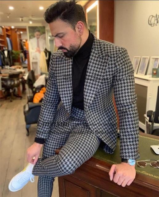 Men's Houndstooth Slim Fit 2-Piece Blazer and Pants Suit