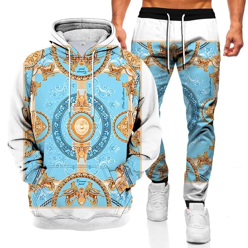Men's 3D Geometric Print Hoodie and Pants Two-Piece Set