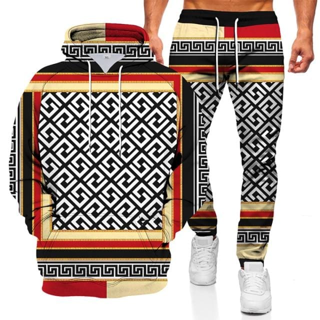 Men's 3D Geometric Print Hoodie and Pants Two-Piece Set