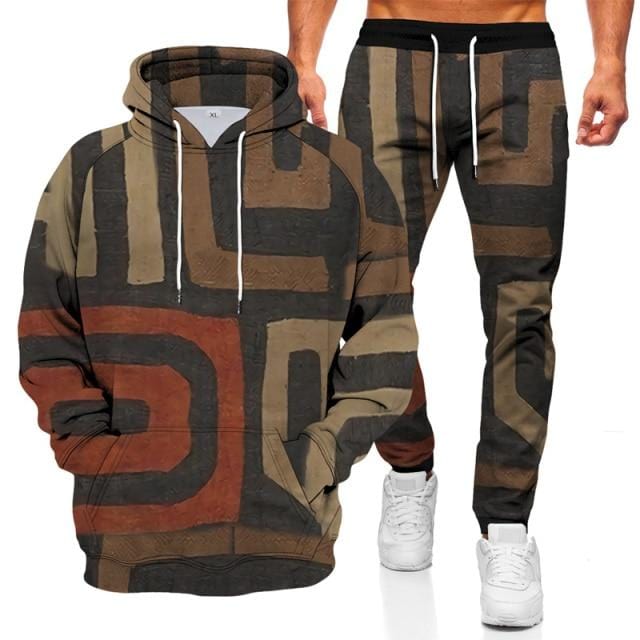 Men's 3D Geometric Print Hoodie and Pants Two-Piece Set