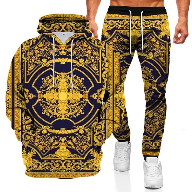 Men's 3D Geometric Print Hoodie and Pants Two-Piece Set