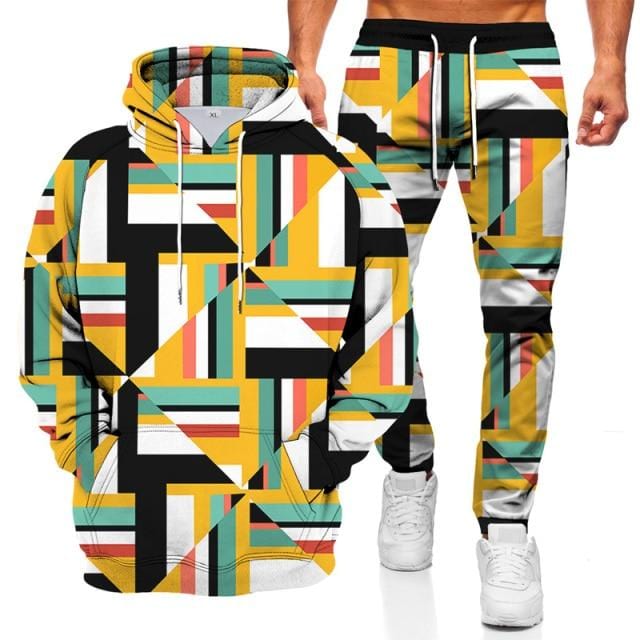 Men's 3D Geometric Print Hoodie and Pants Two-Piece Set