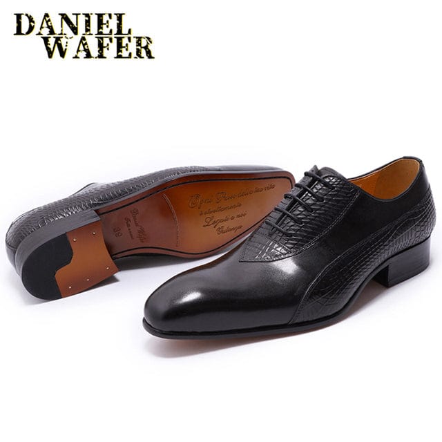 Men's Genuine Leather Pointed Toe Black Red Oxford Dress Shoes