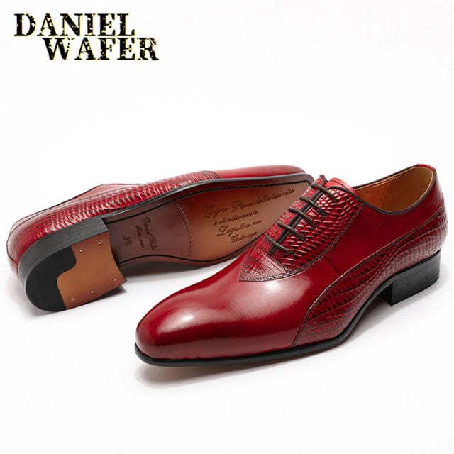Men's Genuine Leather Pointed Toe Black Red Oxford Dress Shoes