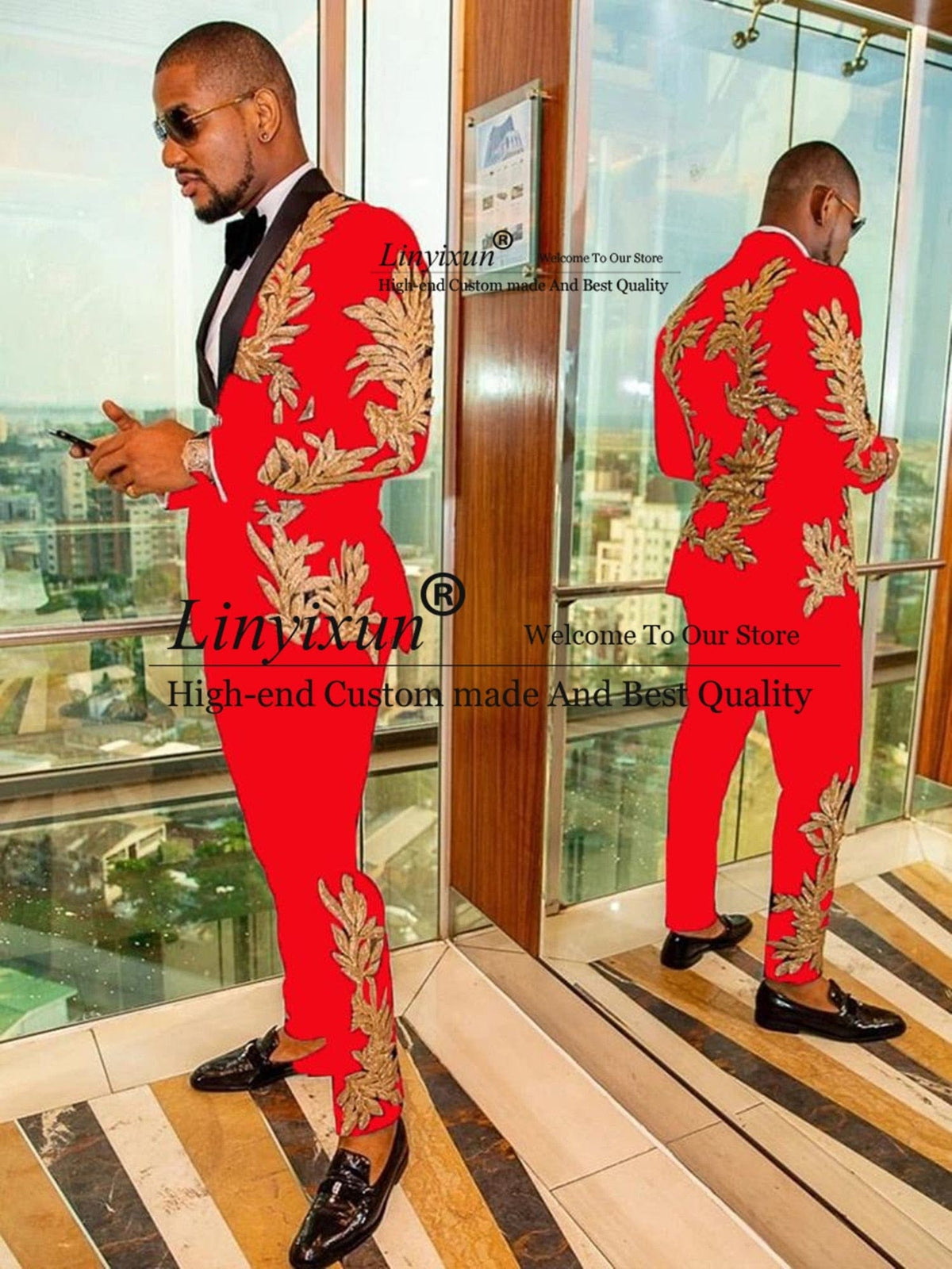 Men's Red Gold-Applique 2-Piece Wedding Tuxedo Suit
