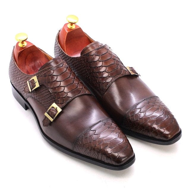 Men's Genuine Leather Double-Buckle Monk Cap-Toe Dress Shoes