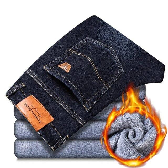 Men's Winter Warm Slim Stretch Skinny Black Jeans, Thick Denim