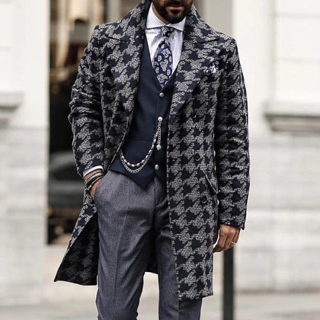 Men's Winter Houndstooth Wool Cardigan Coat, Single-Breasted Long Jacket