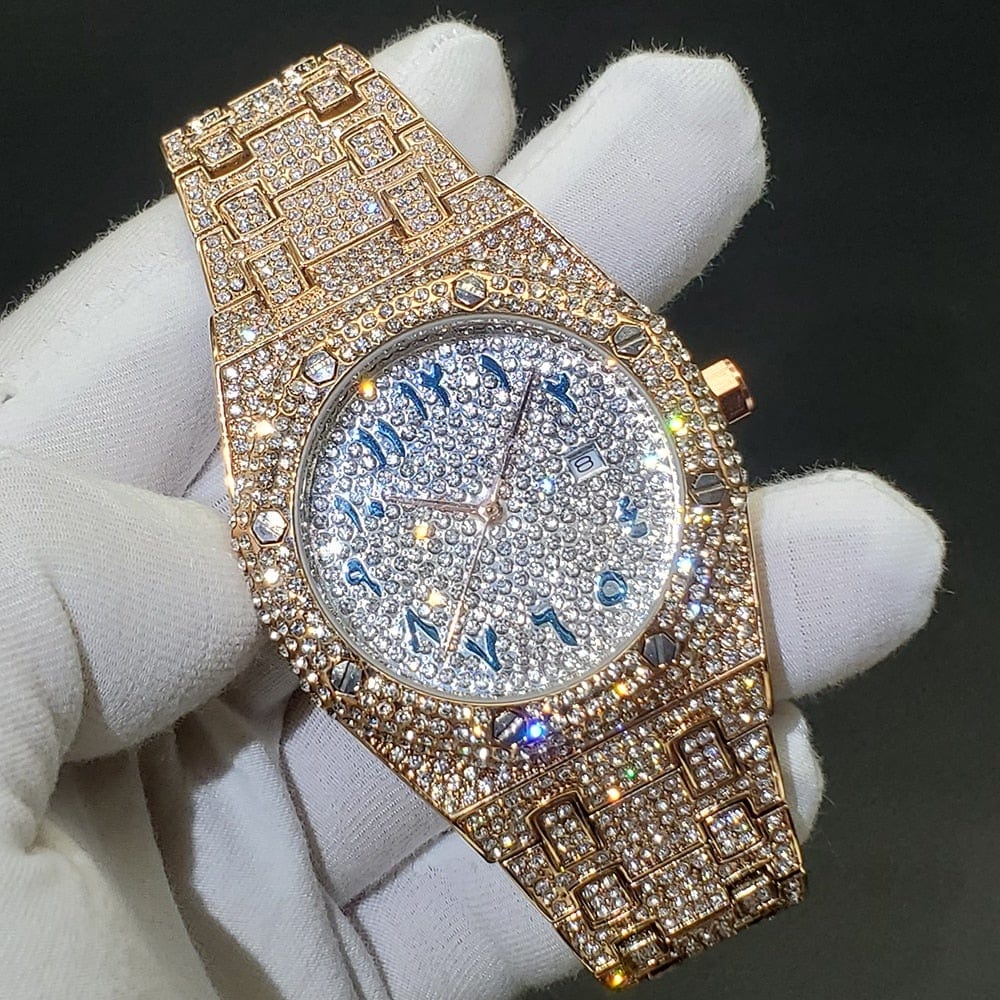 Men's rose gold iced-out Arabic dial quartz wristwatch product photo