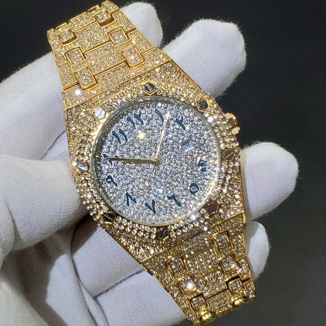 Men's gold iced-out quartz watch colorway