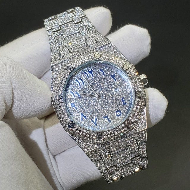 Men's silver iced-out quartz watch colorway