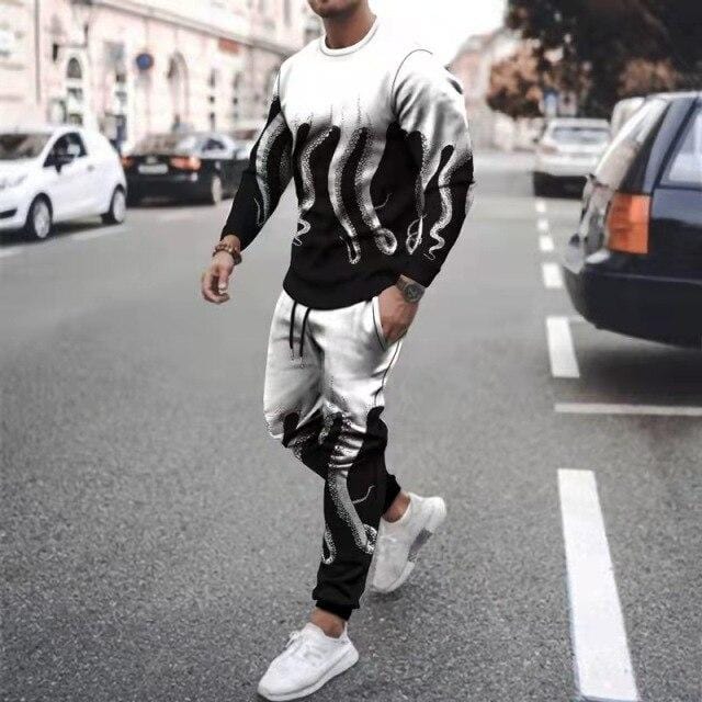 Men's Octopus-Print T-Shirt and Pants 2-Piece Sweatsuit